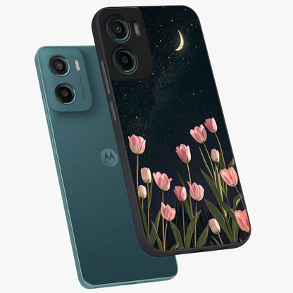 Midnight Tulip Whispers Vibe Glass Case displayed in angled mockup highlighting delicate tulip design with midnight floral aesthetic.