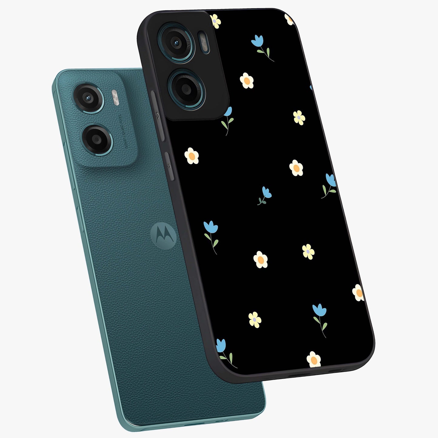 Minimal Petal Whispers Glass Case displayed in angled mockup highlighting delicate petal design with clean minimal aesthetic.