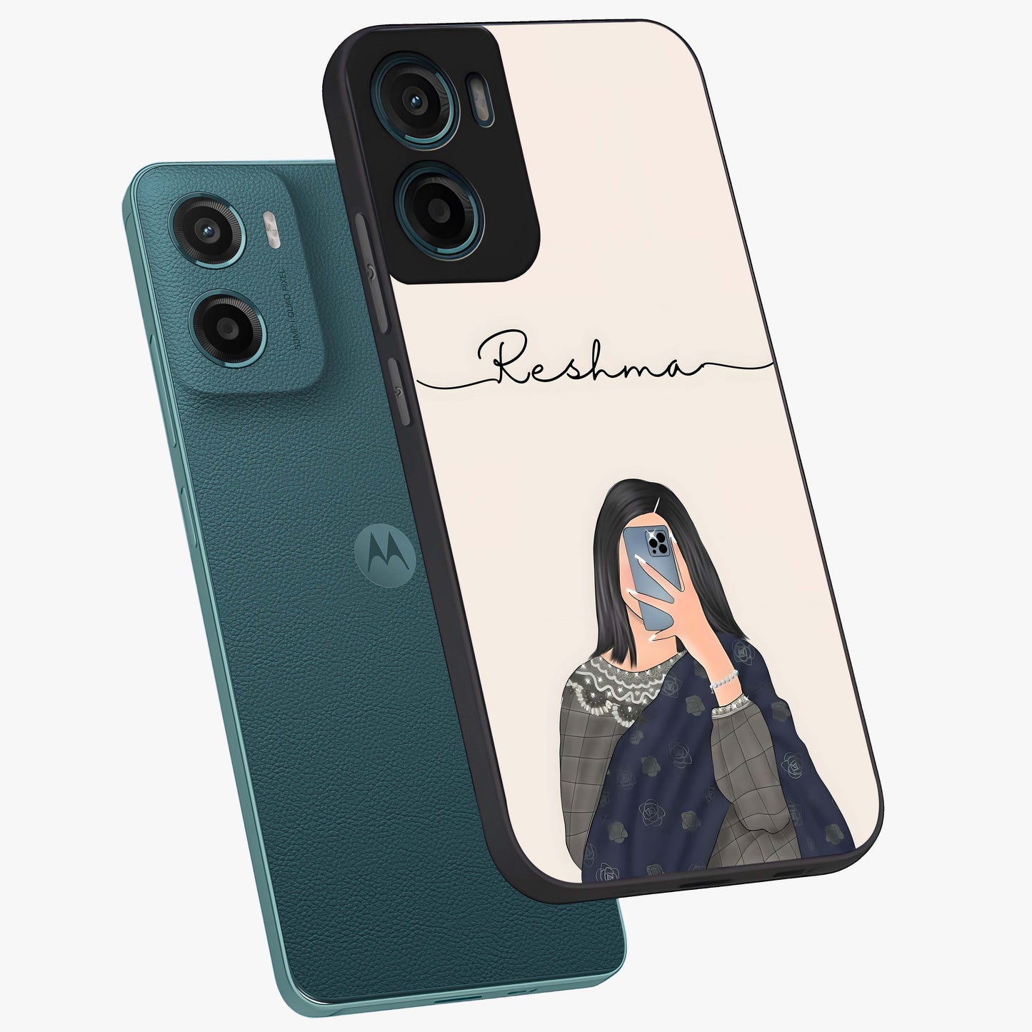 Mirror Mood Muse With Custom Name Glass Case displayed in angled mockup highlighting aesthetic mirror inspired design with custom name feature.