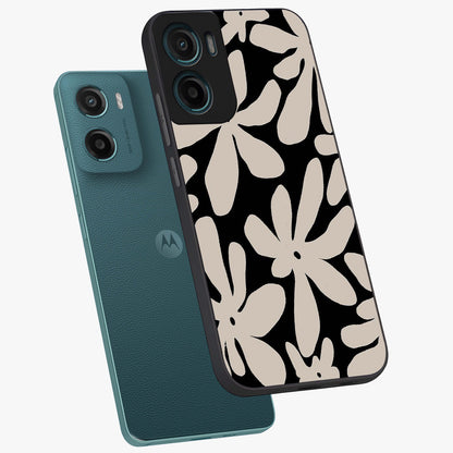Monochrome Petal Dance Glass Case displayed in angled mockup highlighting elegant petal design with black and white aesthetic.