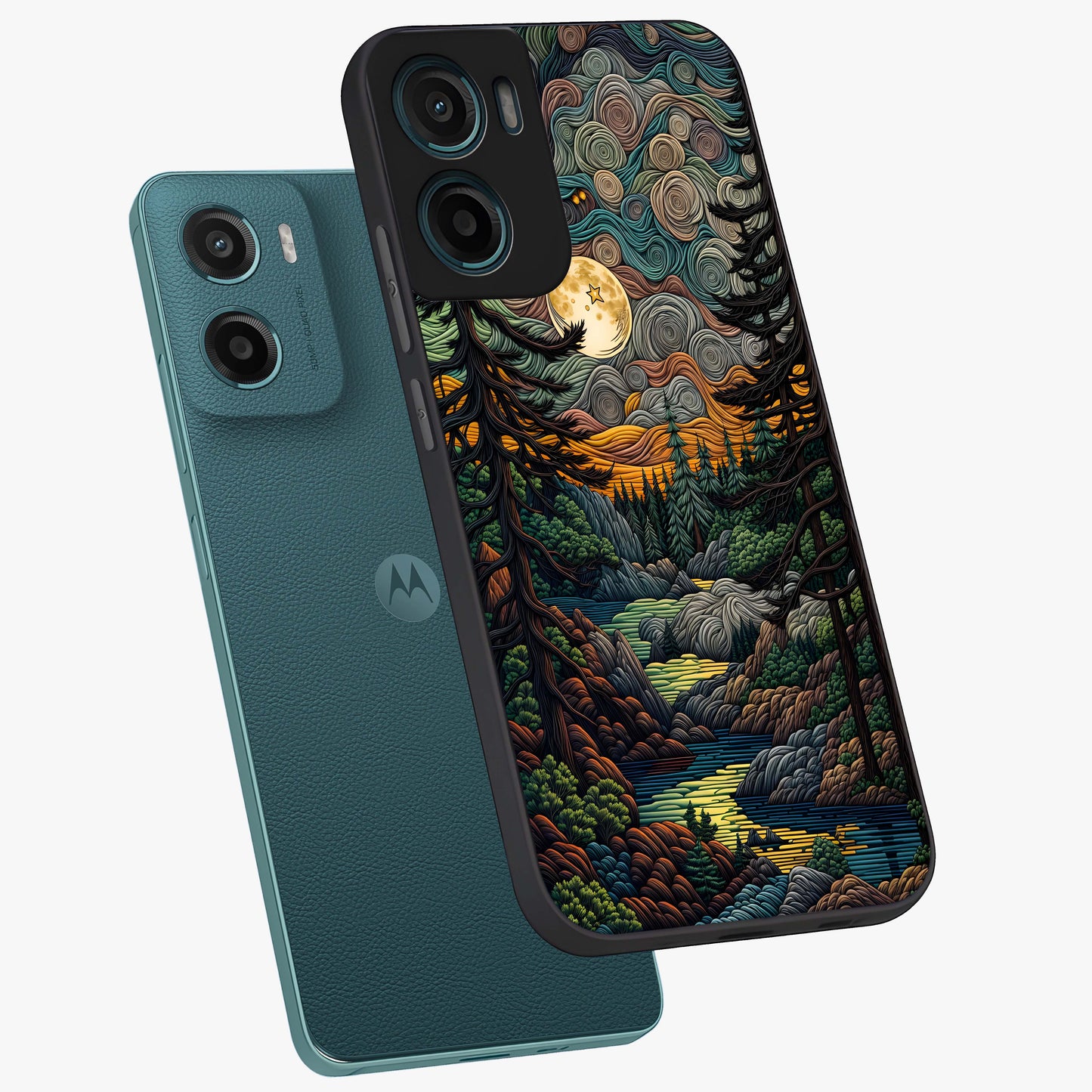 Moonlight Forest Dream Glass Case displayed in angled mockup highlighting dreamy forest design with glowing moon aesthetic.