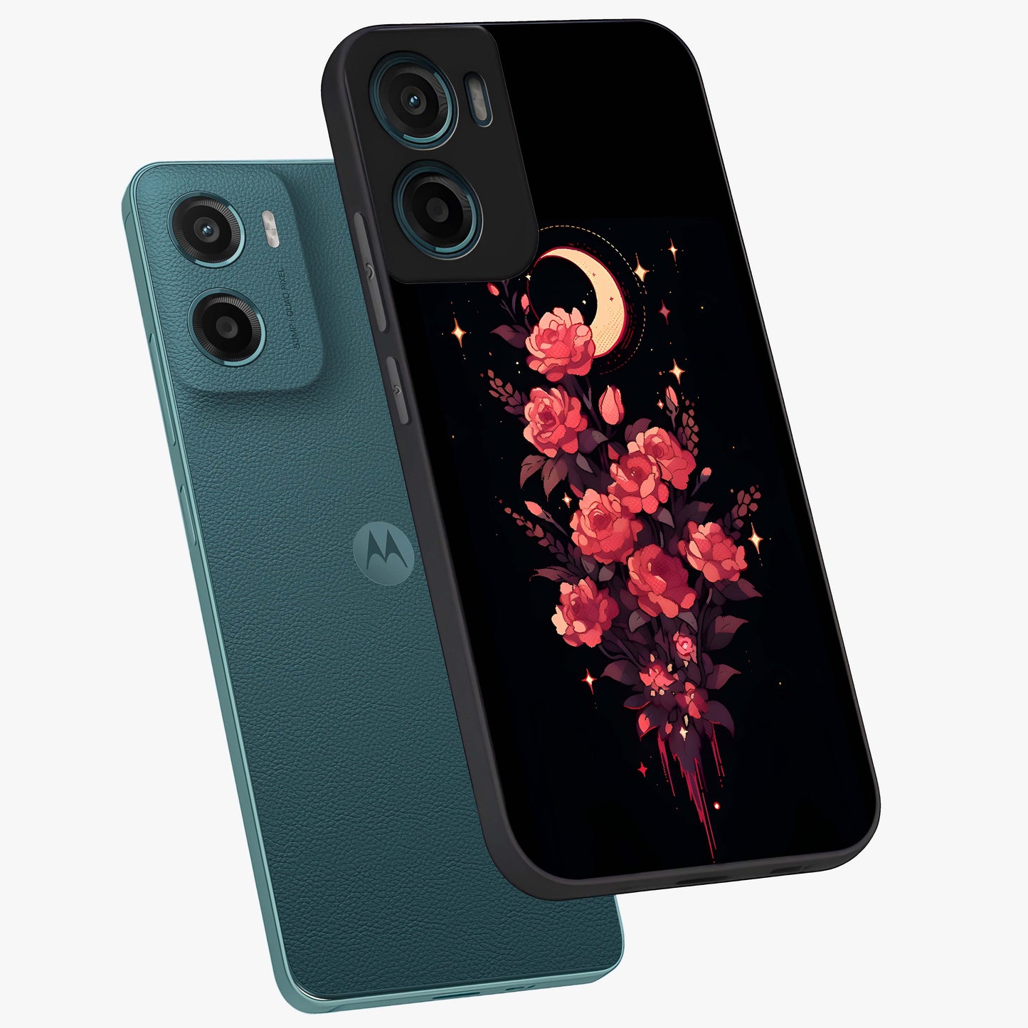 Moonlit Floral Elegance Glass Case displayed in angled mockup highlighting graceful flower design with soft moonlight aesthetic.