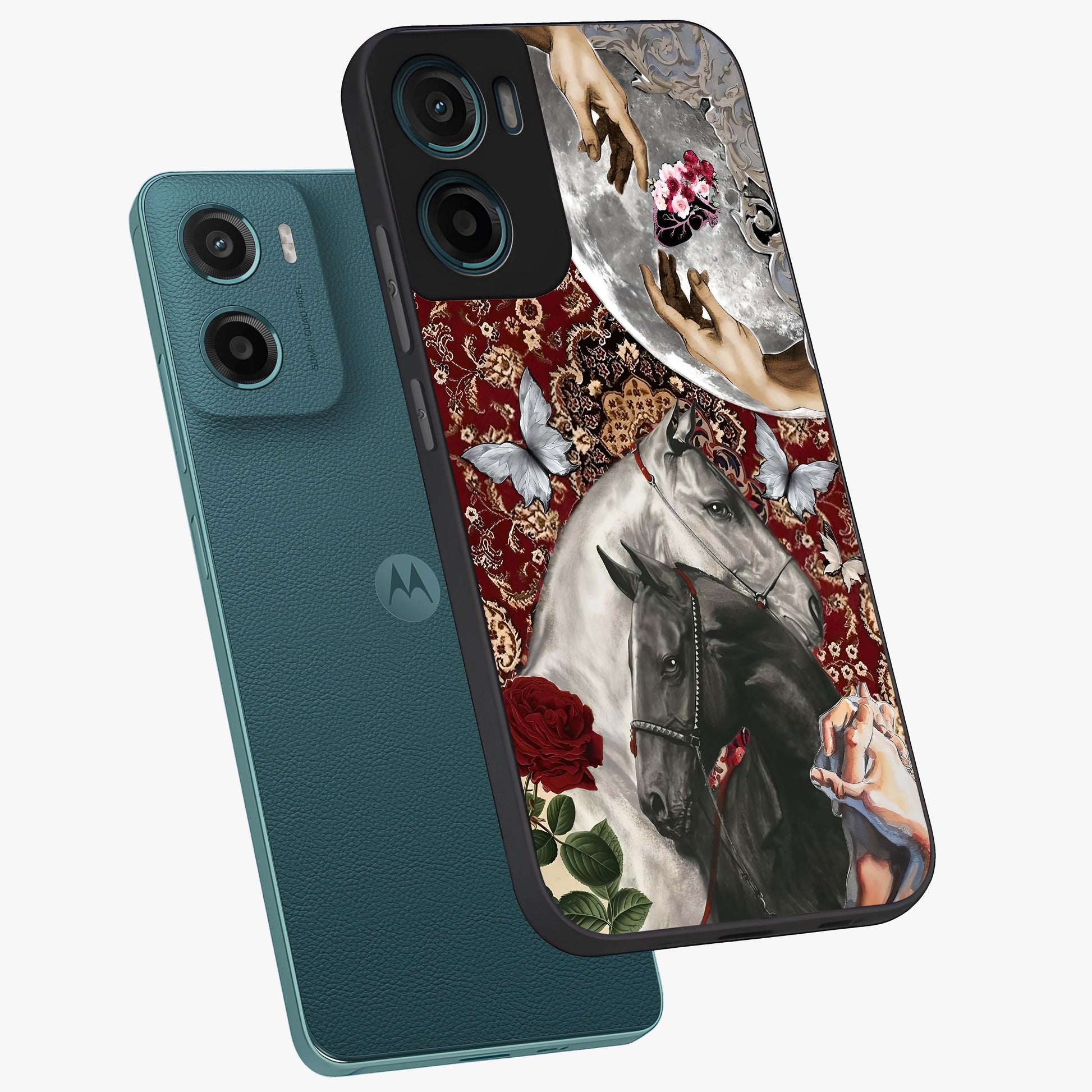 Moonlit Royal Stallion Glass Case displayed in angled mockup highlighting powerful stallion illustration with royal night aesthetic.