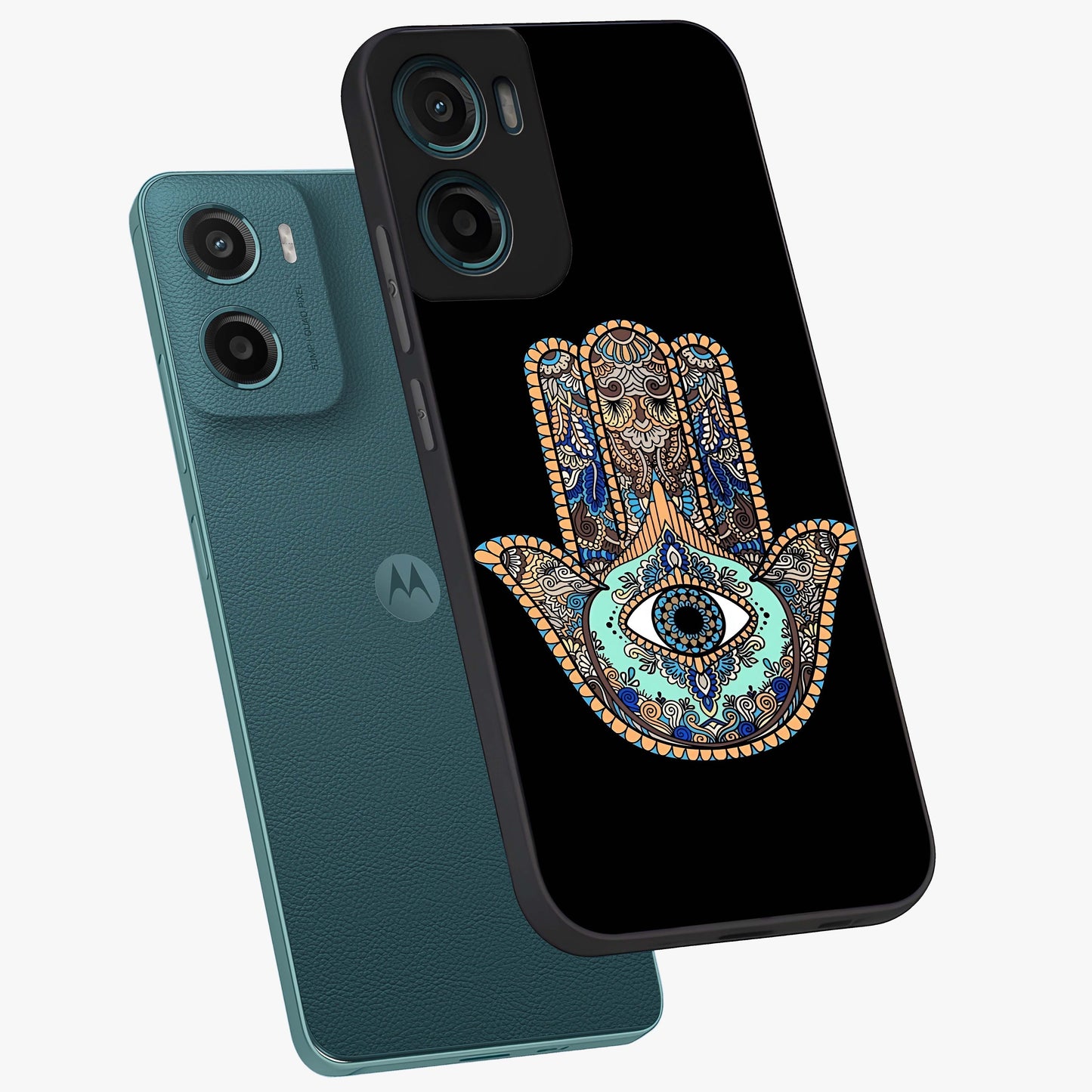 Mystic Hamsa Eye Glass Case displayed in angled mockup highlighting spiritual hamsa symbol with mystical aesthetic style.