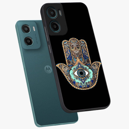Mystic Hamsa Eye Glass Case displayed in angled mockup highlighting spiritual hamsa symbol with mystical aesthetic style.