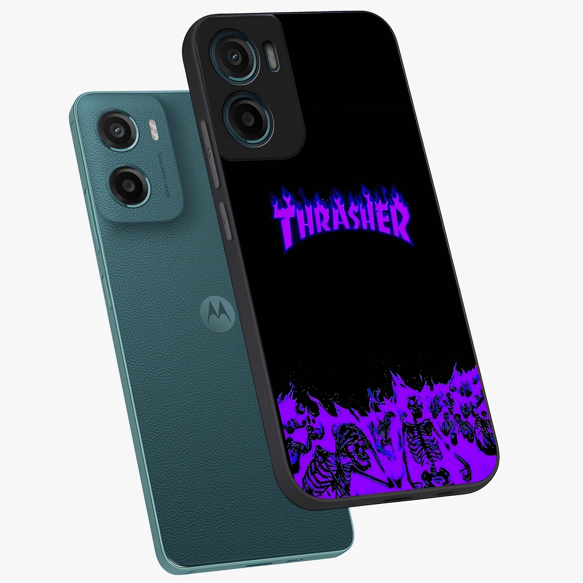 Neon Flame Riot Glass Case displayed in angled mockup highlighting glowing flame design with vibrant neon aesthetic.