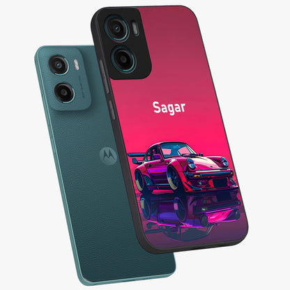 Neon Pink Porsche Glass Case displayed in angled mockup highlighting sleek neon pink car design with racing aesthetic.