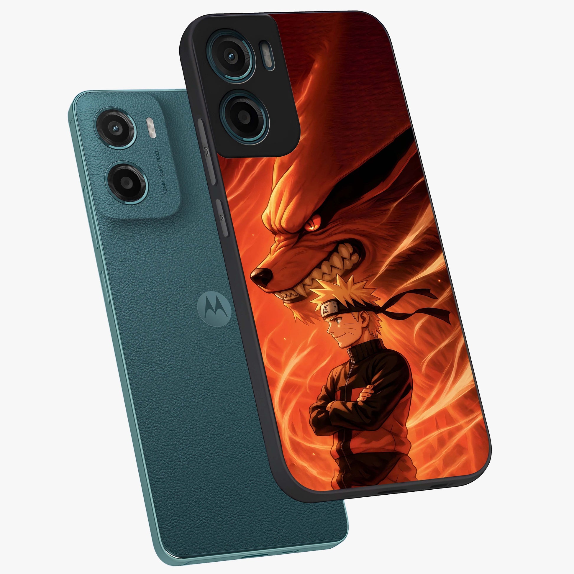 Nine Tails Legacy Glass Case displayed in angled mockup highlighting dynamic anime beast illustration with bold mystical aesthetic.
