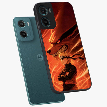Nine Tails Legacy Glass Case displayed in angled mockup highlighting dynamic anime beast illustration with bold mystical aesthetic.