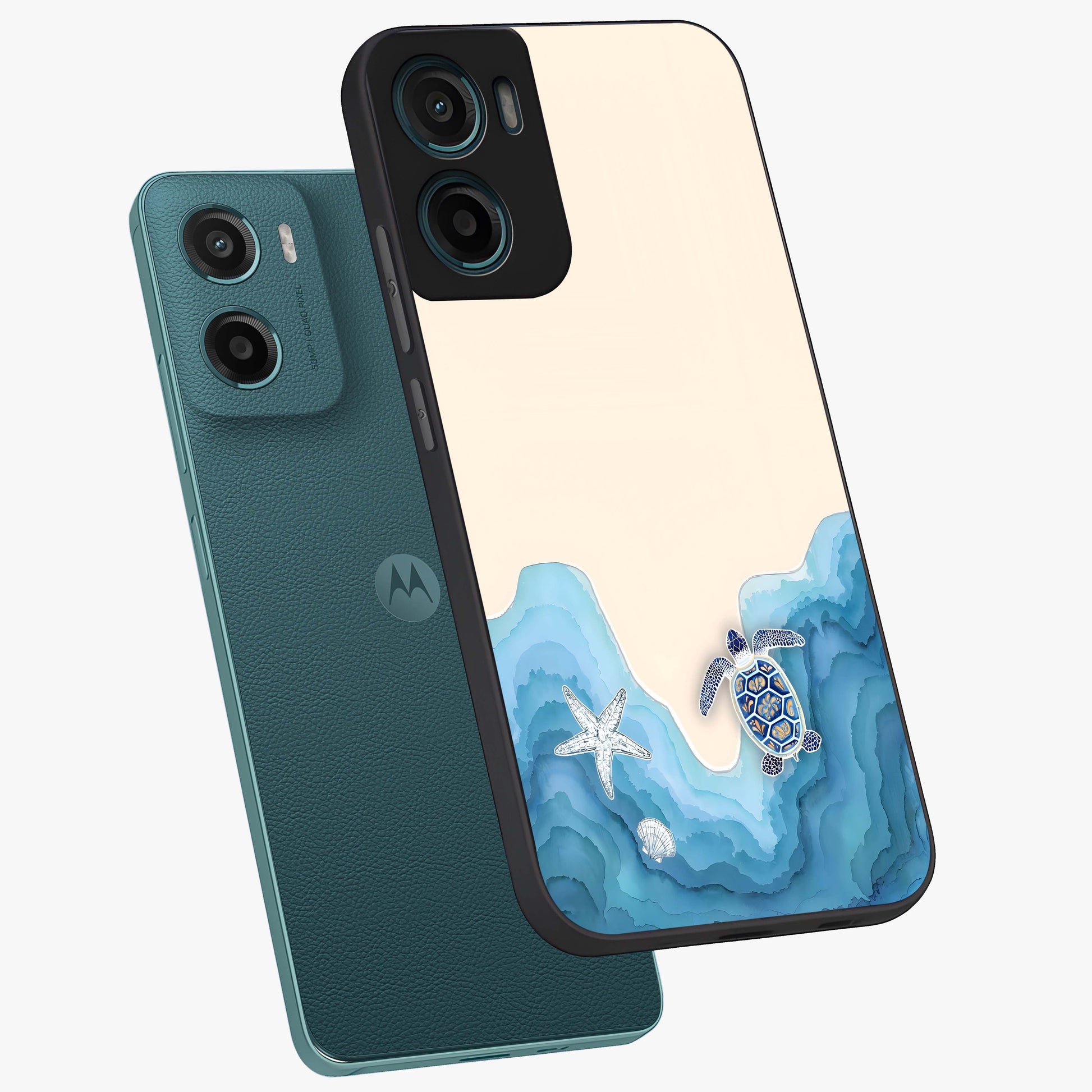 Ocean Drift Turtle Glass Case displayed in angled mockup highlighting peaceful ocean turtle illustration with marine aesthetic.