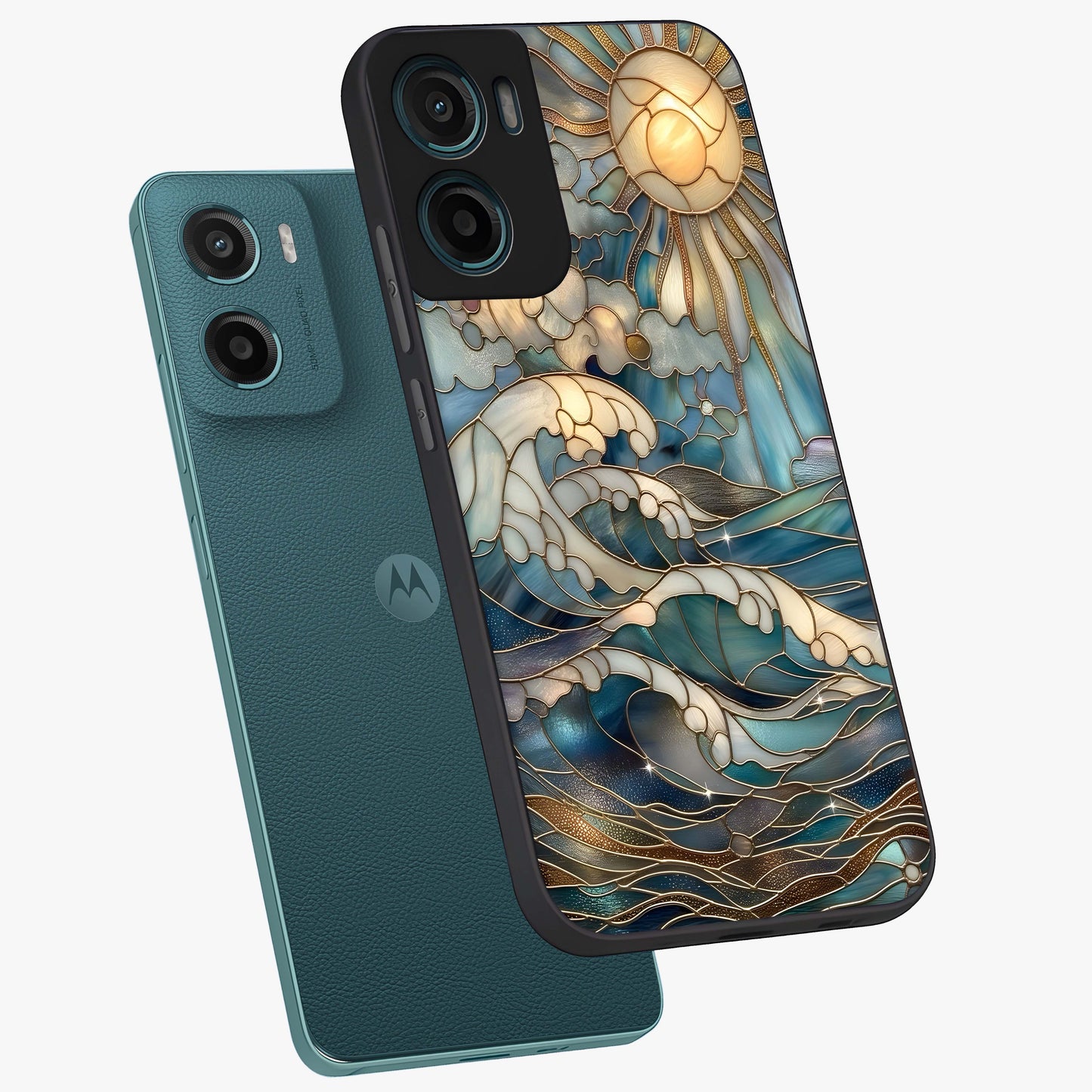 Oceanic Stained Printed Glass Case displayed in angled mockup highlighting colorful aquatic design with artistic aesthetic style.