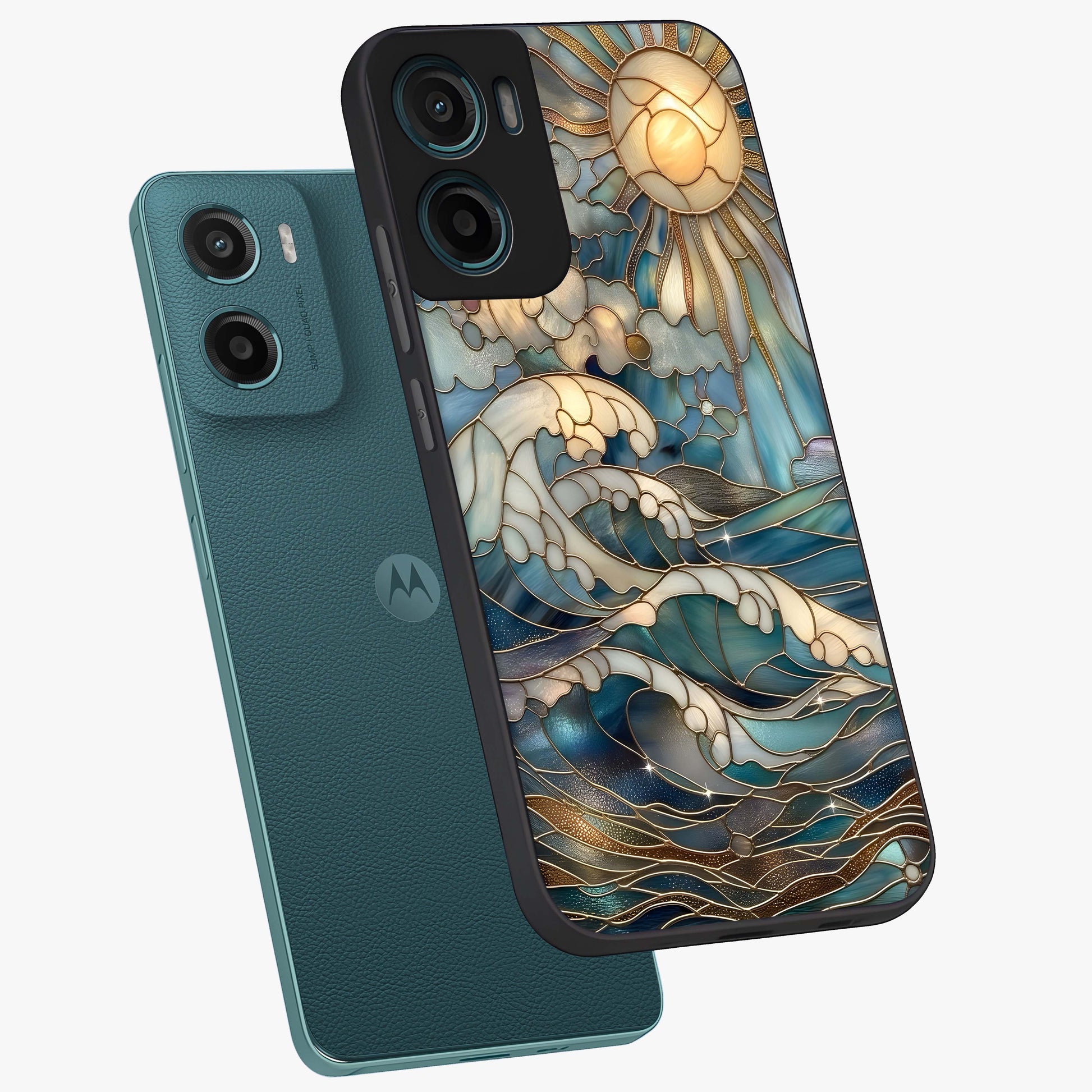 Oceanic Stained Printed Glass Case displayed in angled mockup highlighting colorful aquatic design with artistic aesthetic style.