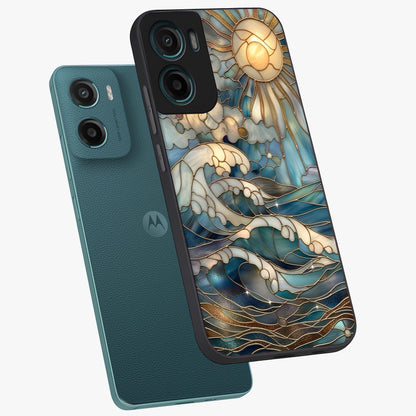Oceanic Stained Printed Glass Case displayed in angled mockup highlighting colorful aquatic design with artistic aesthetic style.