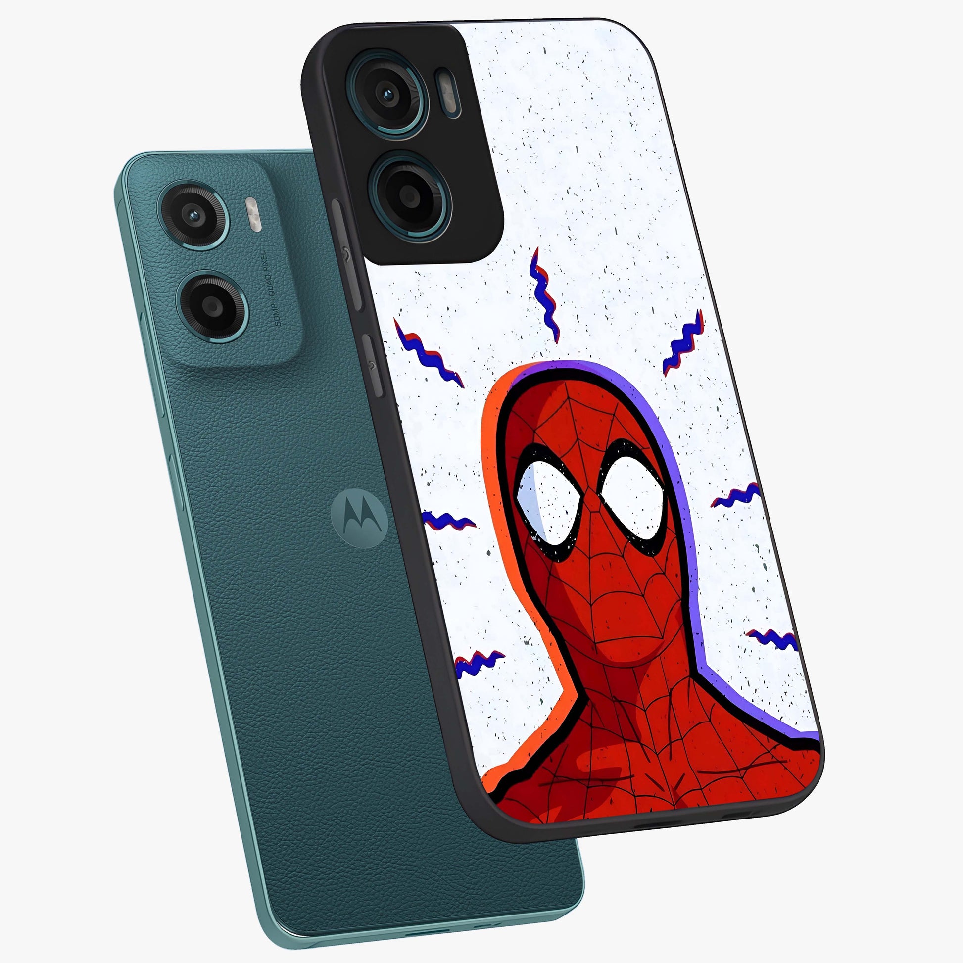 Omg Spiderman Glass Case displayed in angled mockup highlighting dynamic hero illustration with action comic aesthetic.