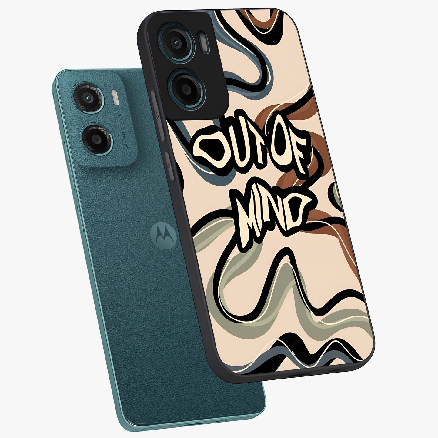 Out Of Mind Glass Case displayed in angled mockup highlighting bold statement design with modern artistic aesthetic.