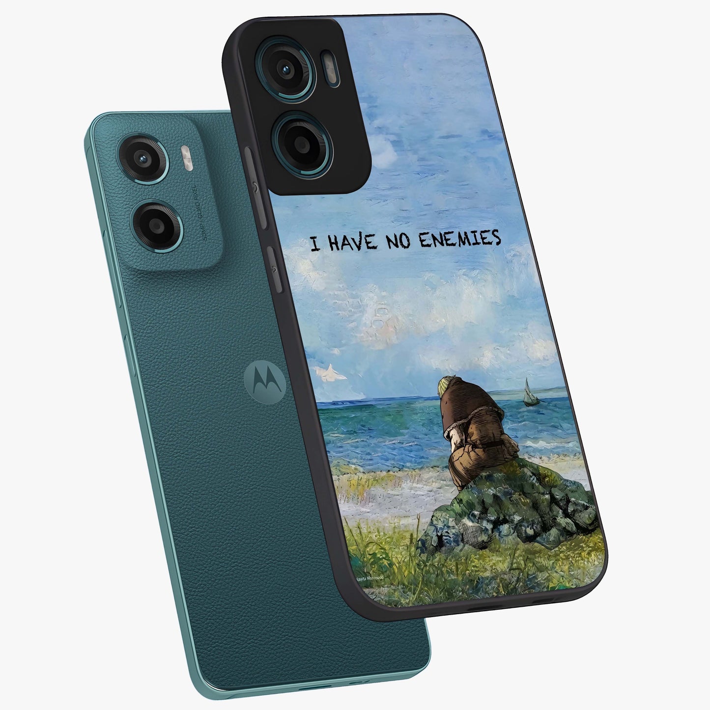 Peace Beyond War Glass Case displayed in angled mockup highlighting meaningful message design with artistic aesthetic style.