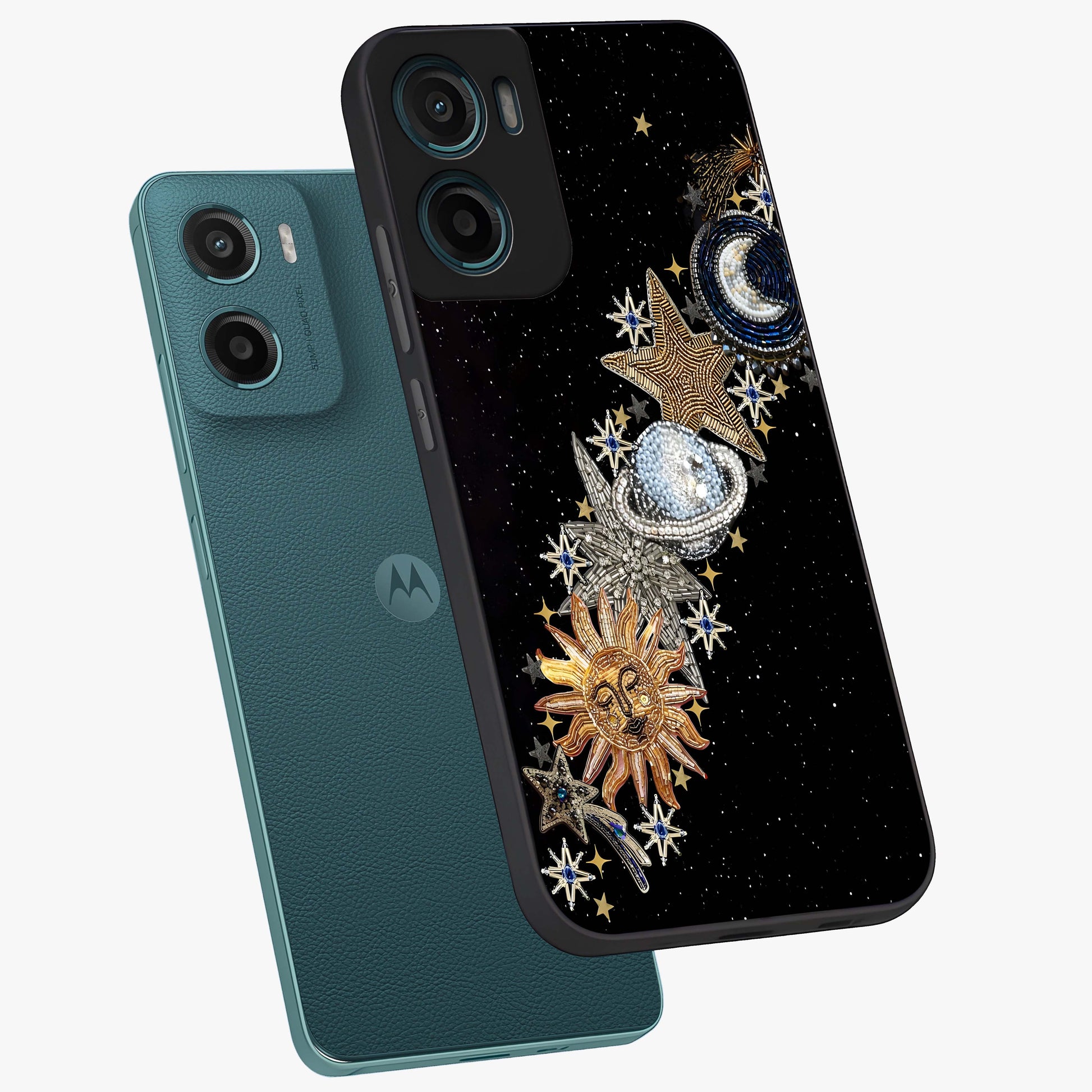 Pearls Universe Object Glass Case displayed in angled mockup highlighting celestial pearl design with dreamy aesthetic.