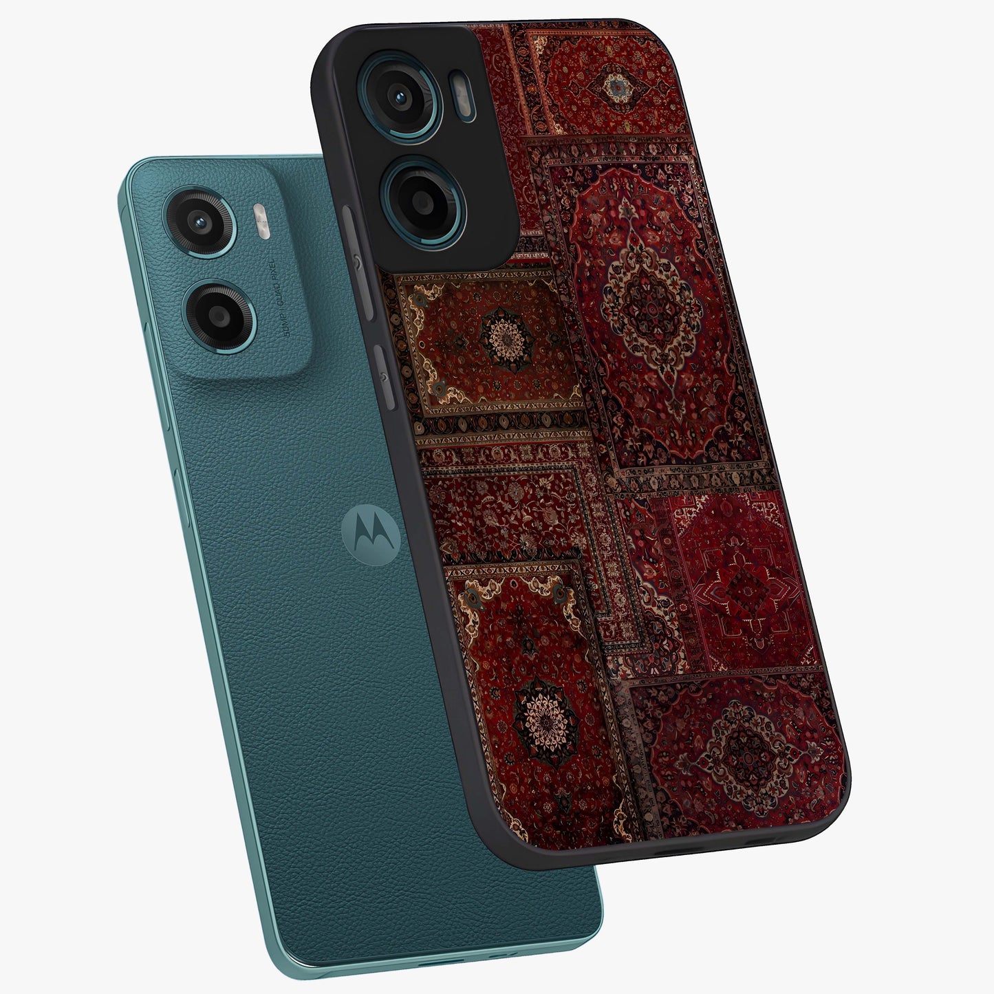Persian Velvet Tale Glass Case displayed in angled mockup highlighting ornate textile inspired design with royal aesthetic.