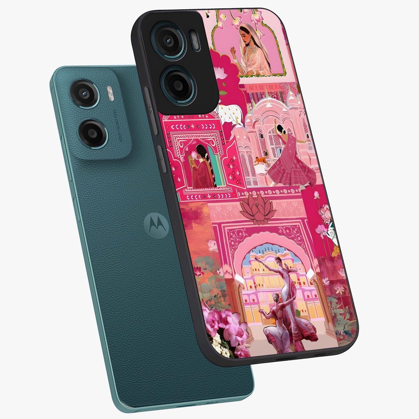 Pink Palace Muse Glass Case displayed in angled mockup highlighting dreamy palace illustration with soft pink aesthetic.