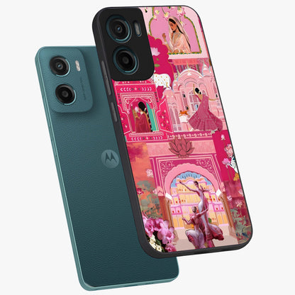 Pink Palace Muse Glass Case displayed in angled mockup highlighting dreamy palace illustration with soft pink aesthetic.