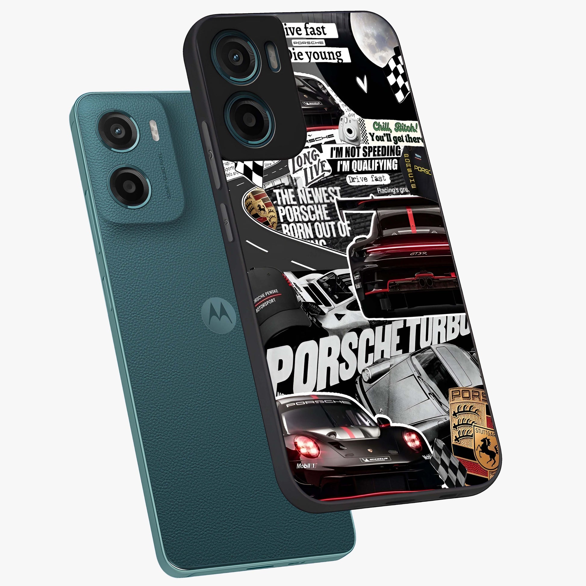 Porsche Racing Collage Glass Case displayed in angled mockup highlighting dynamic automotive design with bold racing aesthetic.