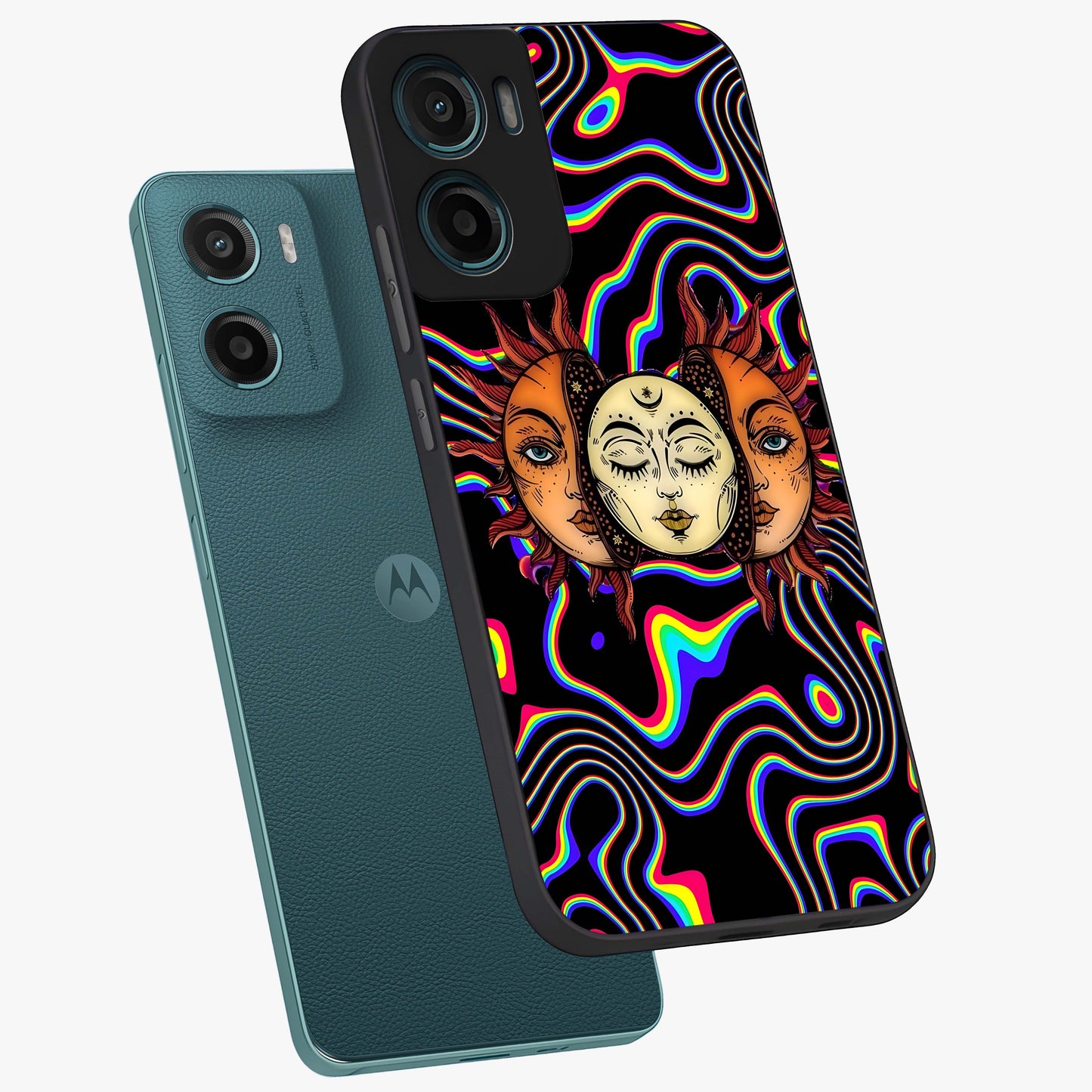 Psychedelic Sun Glass Case displayed in angled mockup highlighting vibrant abstract sun design with artistic aesthetic style.