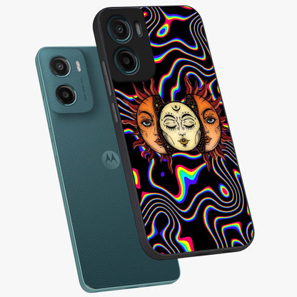 Psychedelic Sun Glass Case displayed in angled mockup highlighting vibrant abstract sun design with artistic aesthetic style.