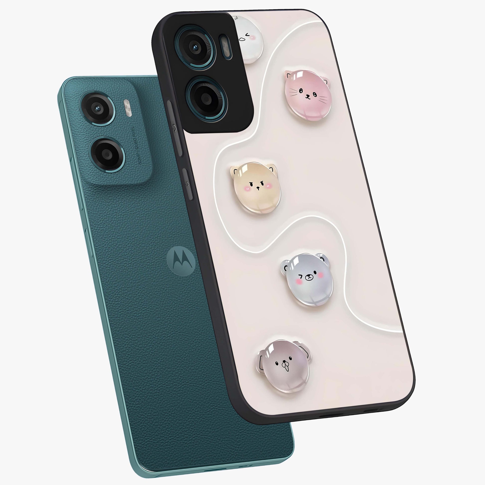 Puffy Face Parade Glass Case displayed in angled mockup highlighting playful cartoon face design with fun aesthetic.