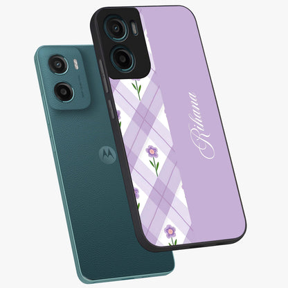 Purple Diamond Floral Glass Case displayed in angled mockup highlighting elegant purple flower design with decorative pattern.