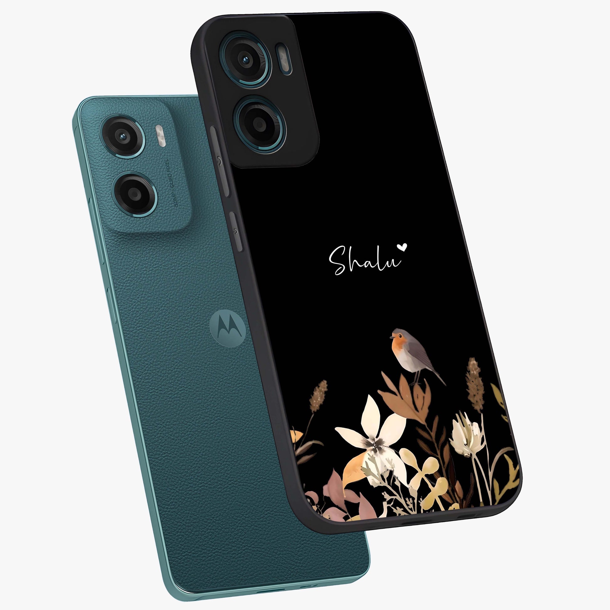 Quiet Garden Tune Custom Name Glass Case displayed in angled mockup highlighting delicate floral garden design with custom name feature.
