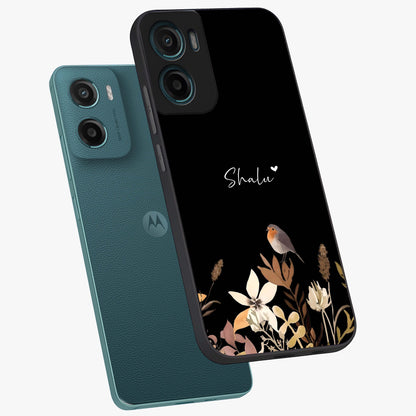 Quiet Garden Tune Custom Name Glass Case displayed in angled mockup highlighting delicate floral garden design with custom name feature.