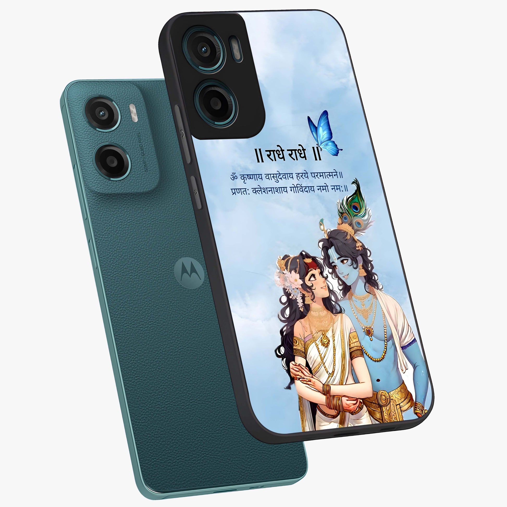 Radha Krishna Eternal Glass Case displayed in angled mockup highlighting divine Radha Krishna illustration with spiritual aesthetic.