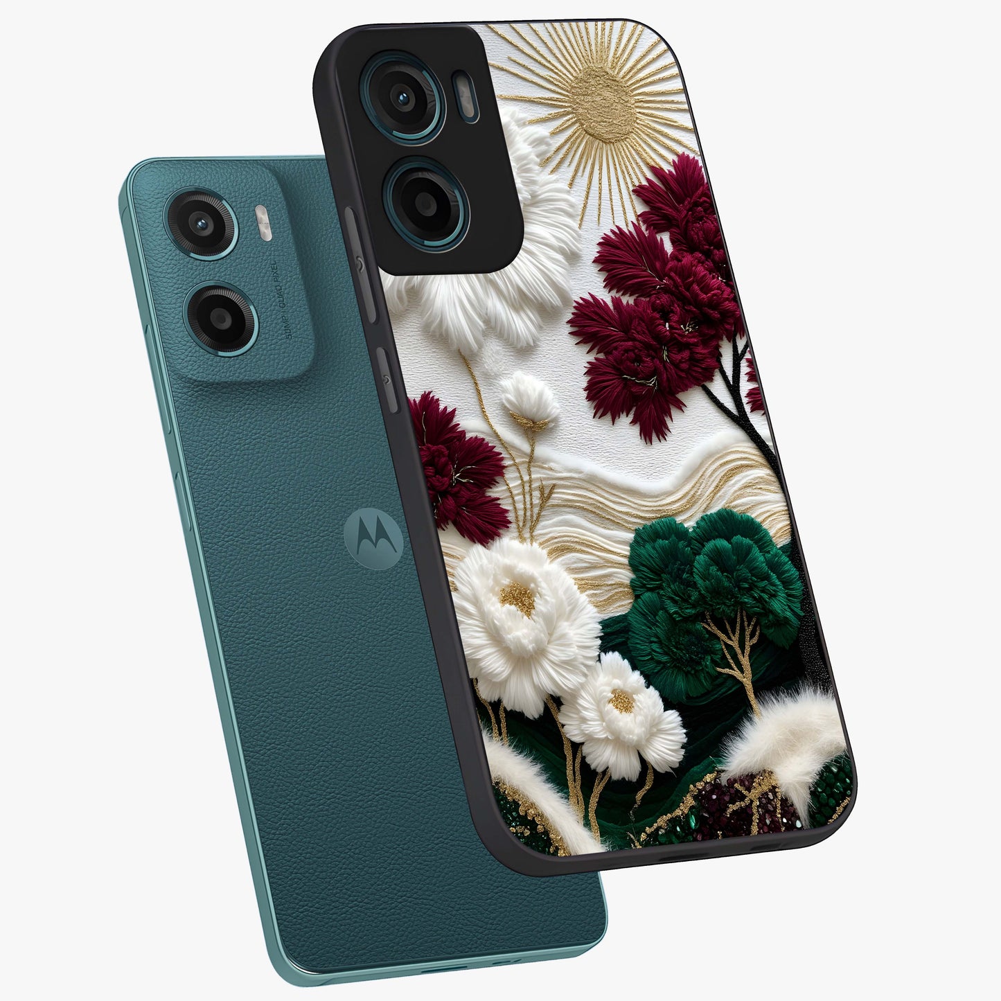 Radiant Bloom Elegance Glass Case displayed in angled mockup highlighting graceful floral design with radiant aesthetic style.