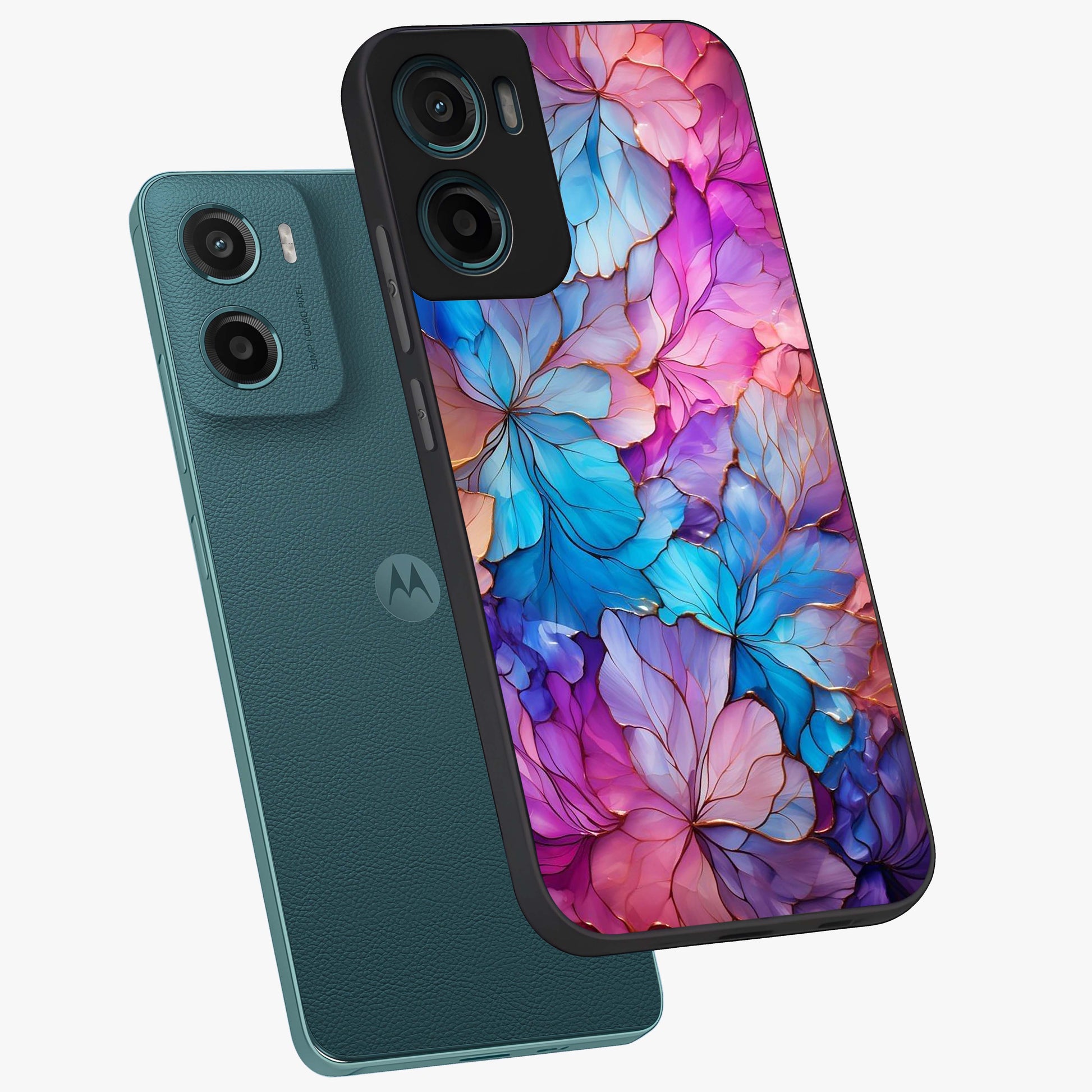 Radiant Floral Whirl Glass Case displayed in angled mockup highlighting vibrant flower pattern with dynamic artistic aesthetic.
