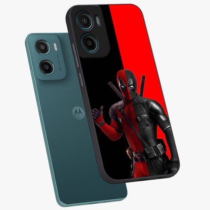 Red & Black Deadpool Theme Glass Case displayed in angled mockup highlighting vibrant superhero style illustration with action aesthetic.