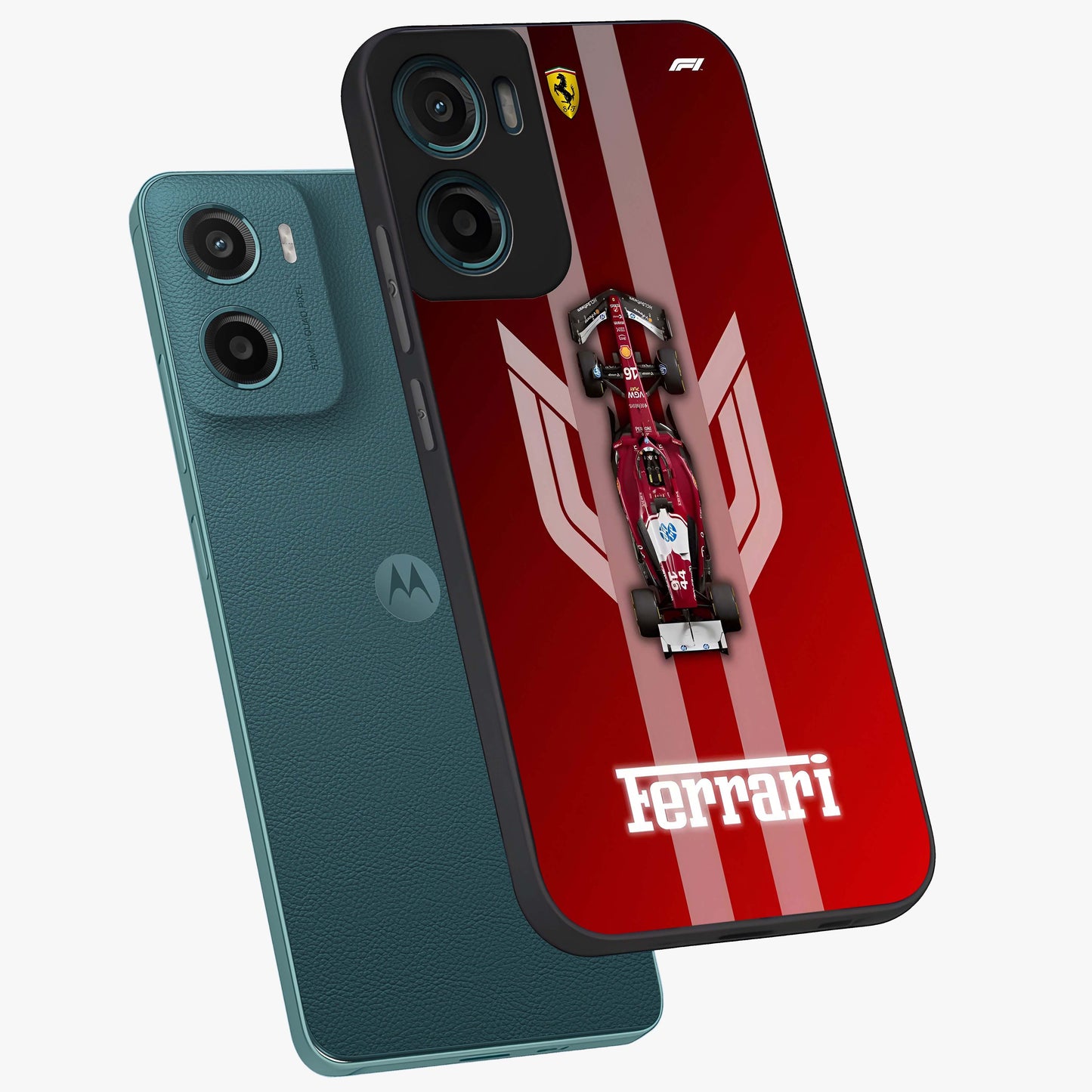 Red Ferrari F1 Vertical Glass Case displayed in angled mockup highlighting high speed racing design with bold automotive aesthetic.