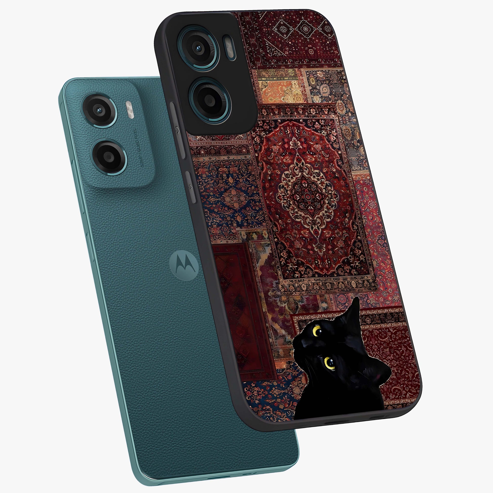 Regal Magic Cat Apple Glass Case displayed in angled mockup highlighting whimsical feline design with fantasy aesthetic.