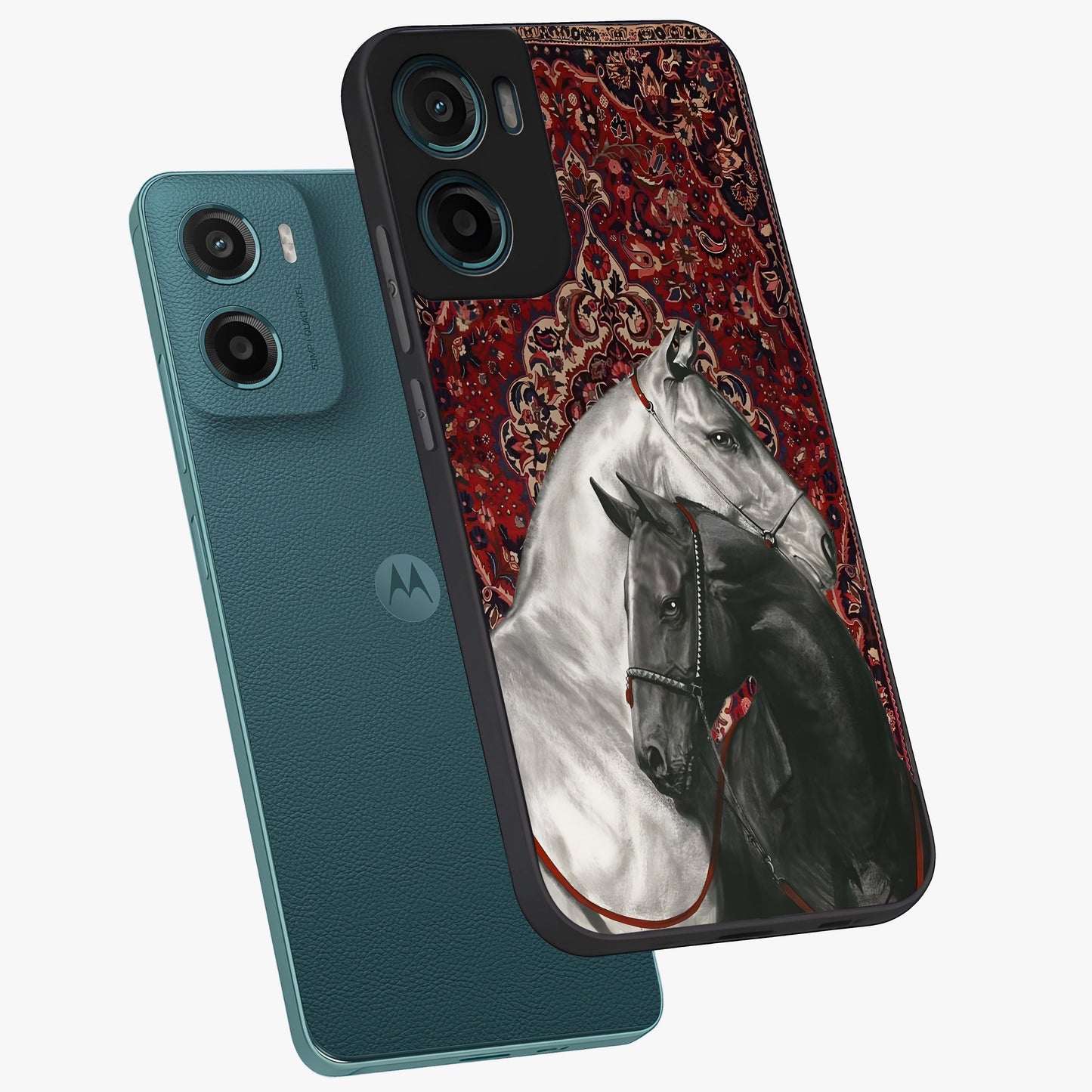 Regal Stallion Tapestry Glass Case displayed in angled mockup highlighting royal stallion design with decorative heritage aesthetic.
