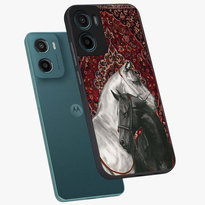 Regal Stallion Tapestry Glass Case displayed in angled mockup highlighting royal stallion design with decorative heritage aesthetic.