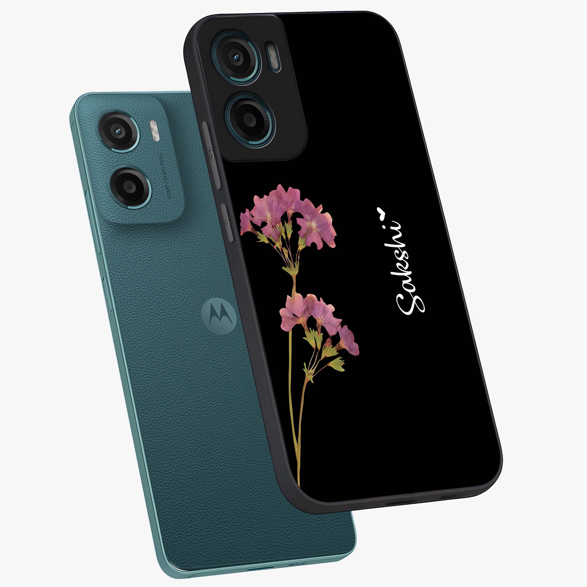 Riching Lavender Flower Custom Name Glass Case displayed in angled mockup highlighting delicate lavender flower design with custom name feature.