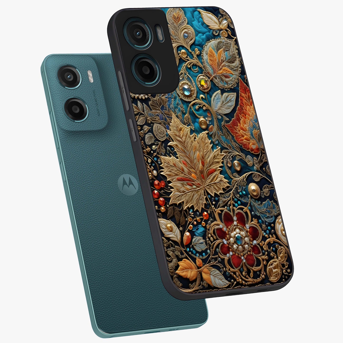 Royal Jewel Garden Glass Case displayed in angled mockup highlighting vibrant jewel inspired floral design with elegant aesthetic.
