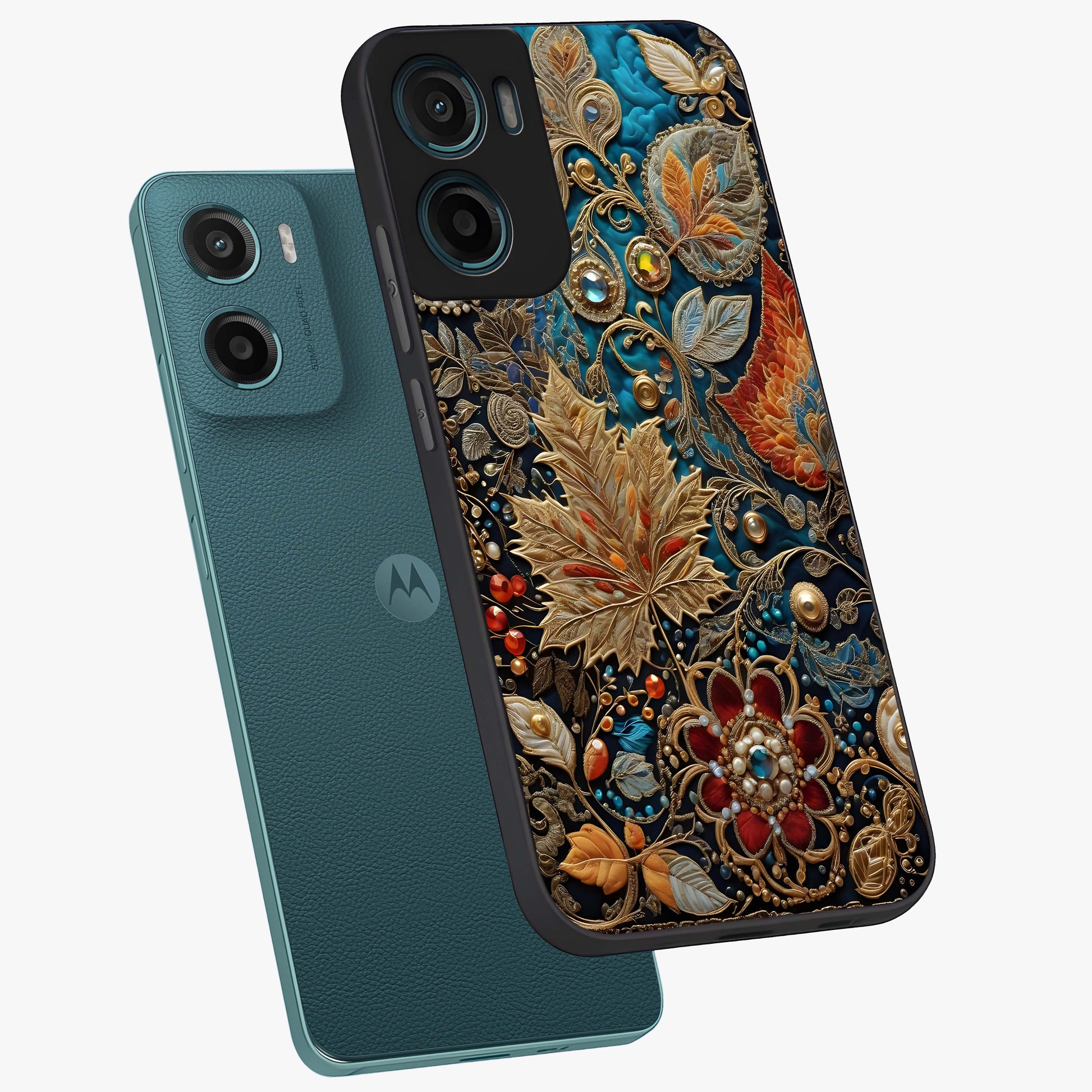 Royal Jewel Garden Glass Case displayed in angled mockup highlighting vibrant jewel inspired floral design with elegant aesthetic.
