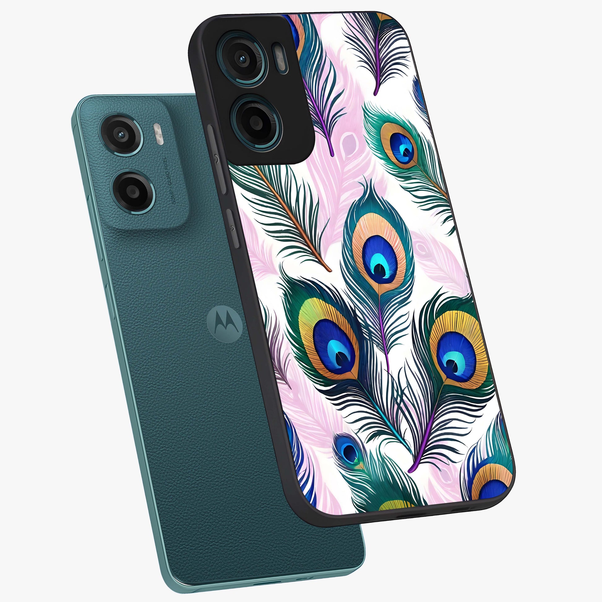 Royal Peacock Feathers Glass Case displayed in angled mockup highlighting vibrant feather pattern with regal aesthetic style.