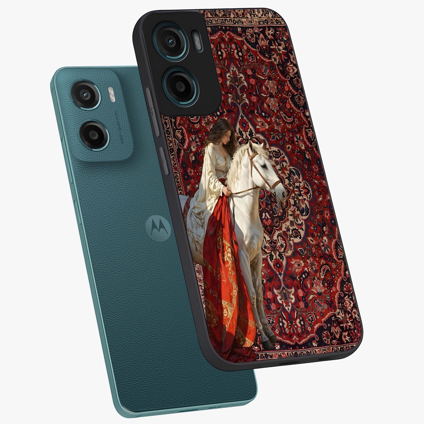 Royal Rider Tapestry Glass Case displayed in angled mockup highlighting traditional tapestry design with royal heritage aesthetic.