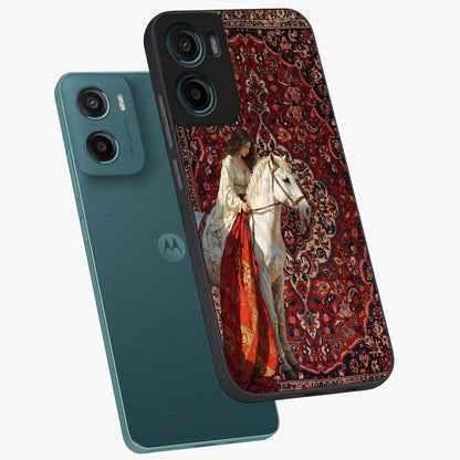 Royal Rider Tapestry Glass Case displayed in angled mockup highlighting traditional tapestry design with royal heritage aesthetic.