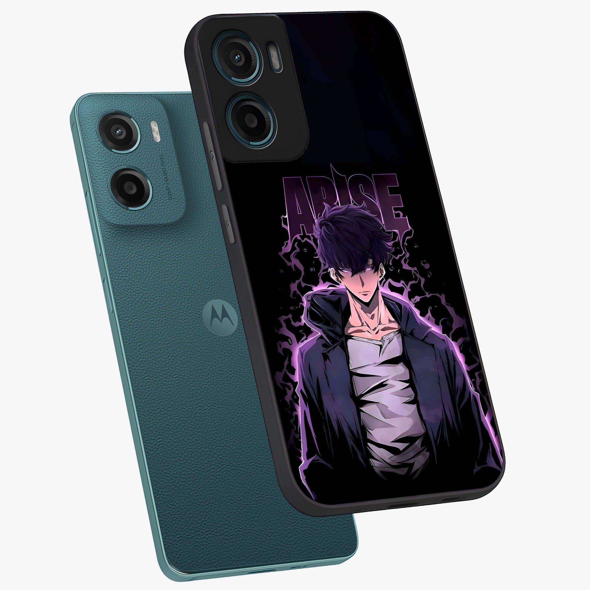 Shadow Monarch Awakening Glass Case displayed in angled mockup highlighting dramatic shadow warrior design with fantasy aesthetic.