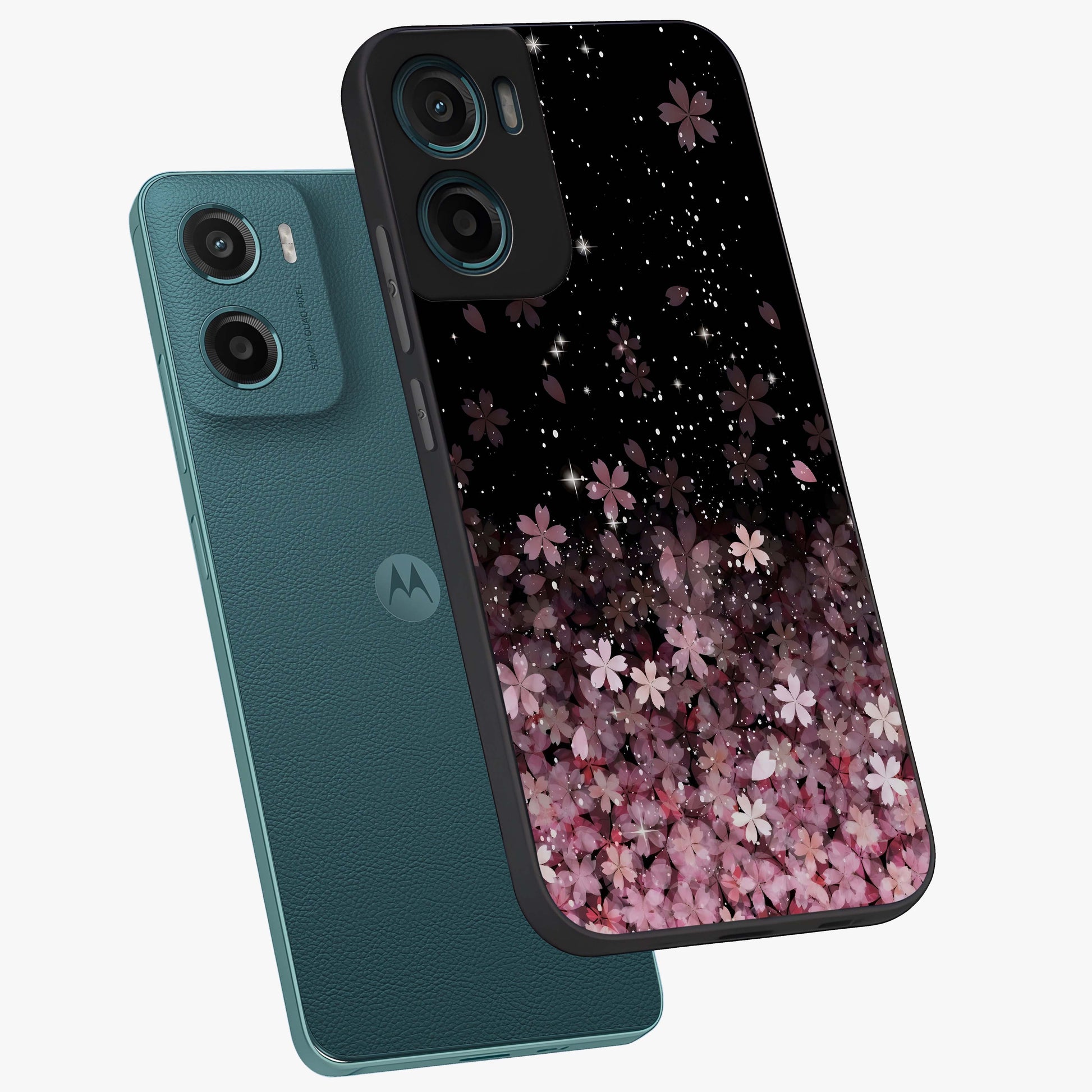 Small Starry Flowers Glass Case displayed in angled mockup highlighting tiny flower pattern with celestial aesthetic style.