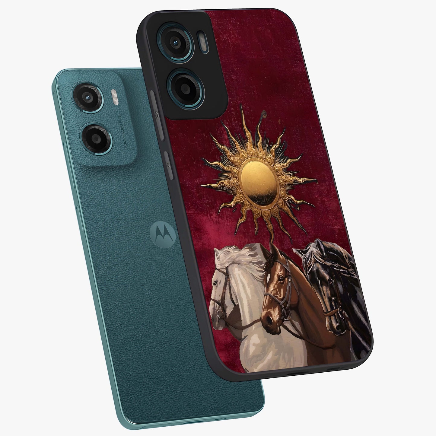 Solar Riders Glass Case displayed in angled mockup highlighting powerful rider illustration with radiant solar aesthetic.