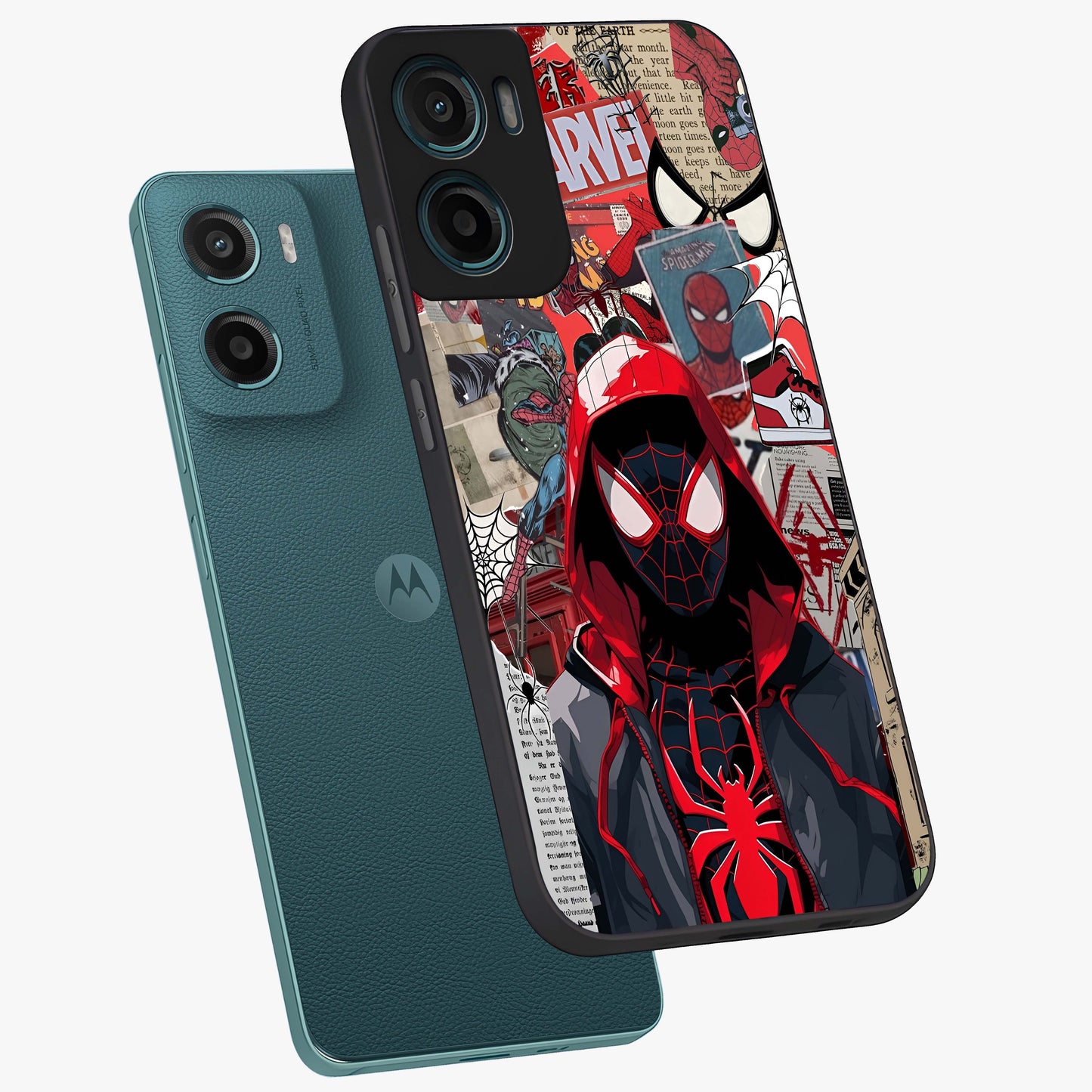 Spider Collage Street Glass Case displayed in angled mockup highlighting dynamic street style collage design with comic aesthetic.