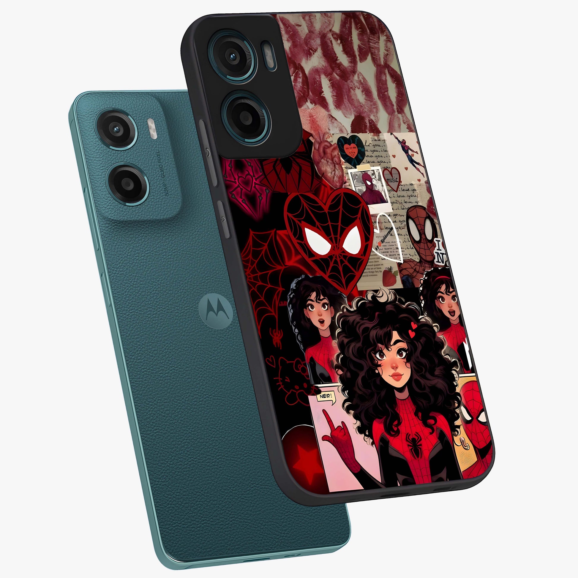 Spider Love Story Glass Case displayed in angled mockup highlighting expressive comic inspired design with playful aesthetic.